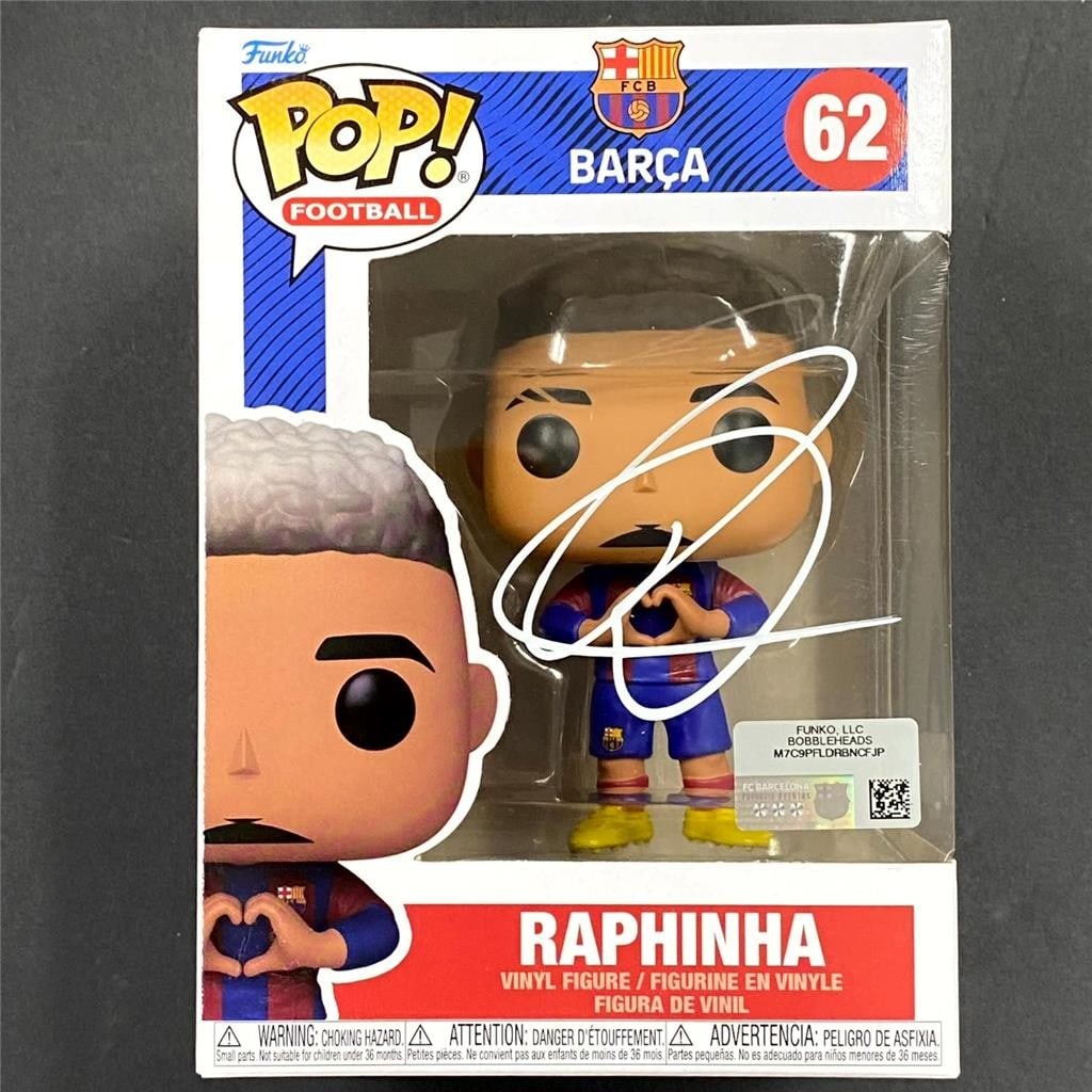 Autographed Raphinha FC Barcelona Funko Pop 62 with JSA Authentication: Autographed Raphinha FC Barcelona Funko Pop 62 with JSA Authentication This FC Barcelona Funko Pop! figure is signed by Raphinha, the Brazilian soccer star. The autograph is authenticated by James Spe