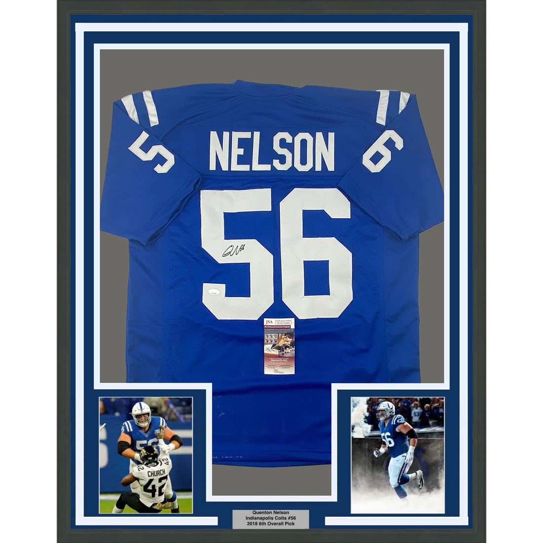 Framed Quenton Nelson Autographed Colts Jersey 33x42 with JSA COA: Framed Quenton Nelson Autographed Colts Jersey 33x42 with JSA COA This professionally framed and matted Quenton Nelson Indianapolis Colts jersey is a must-have for any football fan. Measuring 33" x 42