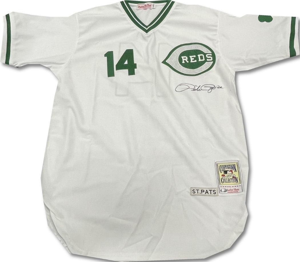 Pete Rose Autographed St. Patrick's Day Jersey Cincinnati Reds Steiner Authenticated: Pete Rose Autographed St. Patrick's Day Jersey Cincinnati Reds Steiner Authenticated Celebrate baseball history with this authentic St. Patrick's Day jersey signed by legendary player Pete Rose. This 