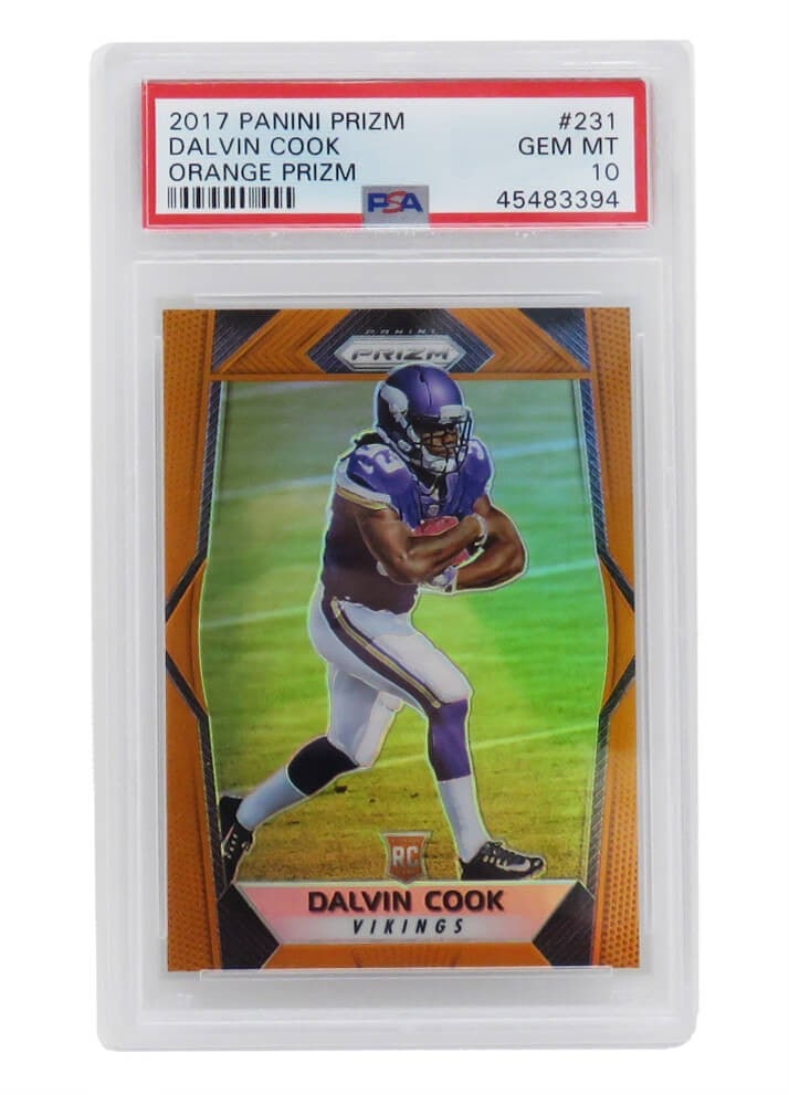 Dalvin Cook 2017 Panini Prizm #231 Orange RC Card PSA 10 Gem Mint: Dalvin Cook 2017 Panini Prizm #231 Orange RC Card PSA 10 Gem Mint This listing features a Dalvin Cook 2017 Panini Prizm #231 Orange Prizm rookie card, serial numbered out of 275. The card is encapsula