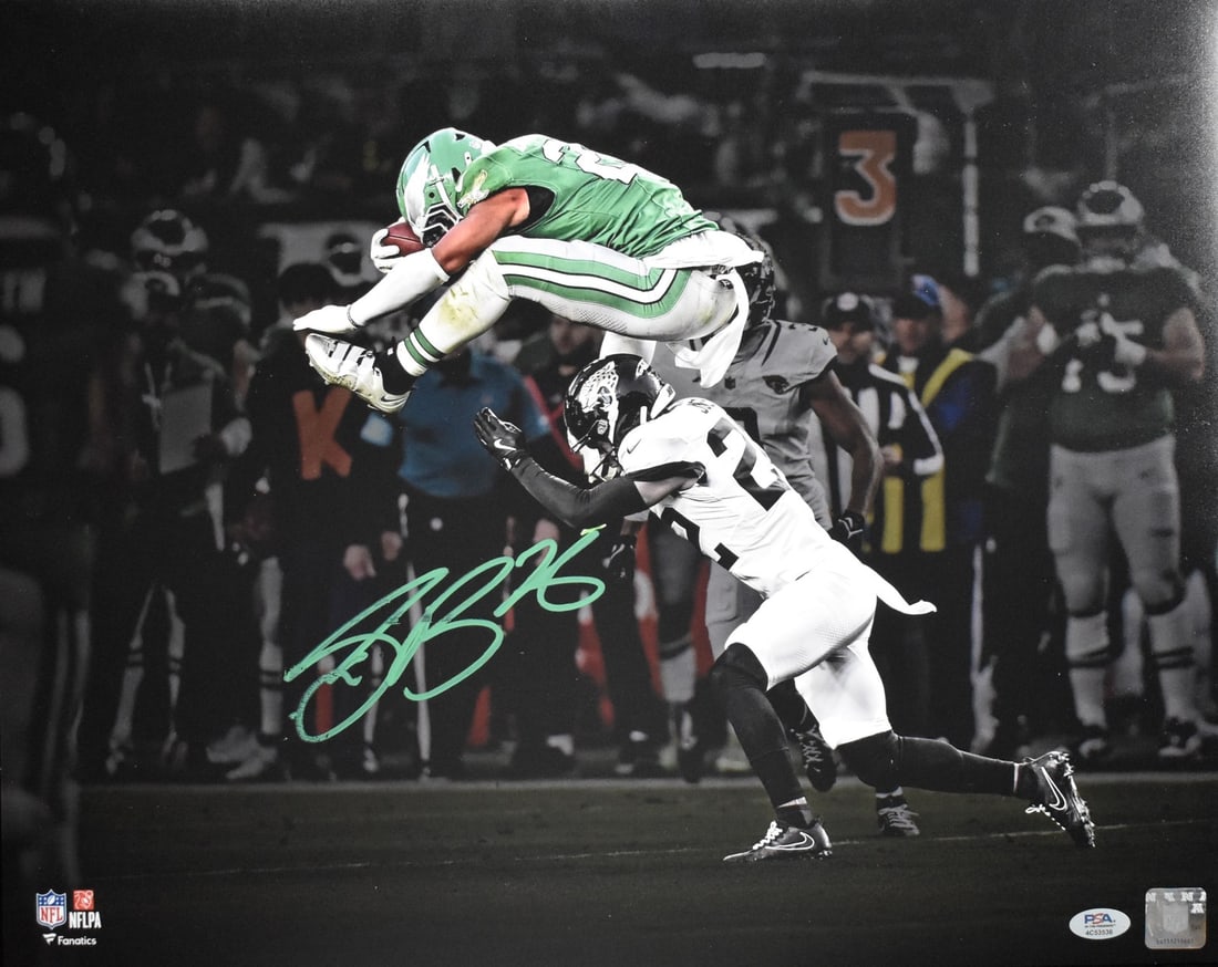 Saquon Barkley Signed 16x20 The Leap Eagles Photo PSA DNA Authenticated: Saquon Barkley Signed 16x20 The Leap Eagles Photo PSA DNA Authenticated This 16x20 photograph features NFL player Saquon Barkley performing his signature leap, signed by Barkley himself. The autograph