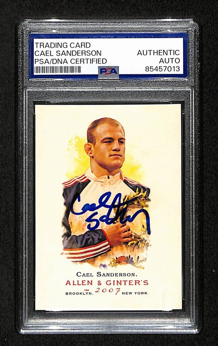 Cael Sanderson Signed 2007 Topps Allen & Ginter's RC Card PSA/DNA #23: Cael Sanderson Signed 2007 Topps Allen & Ginter's RC Card PSA/DNA #23 This is a Cael Sanderson Signed 2007 Topps Allen & Ginter's Rookie Card #23, a must-have for wrestling enthusiasts. The card is an
