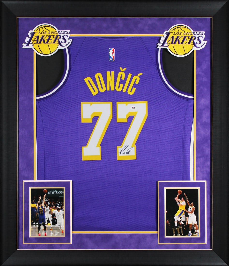 Framed Purple Nike Swingman Jersey Signed by Luka Doncic PSA DNA: Framed Purple Nike Swingman Jersey Signed by Luka Doncic PSA DNA This professionally framed purple Nike Swingman jersey features the authentic signature of Luka Doncic from the Los Angeles Lakers. The