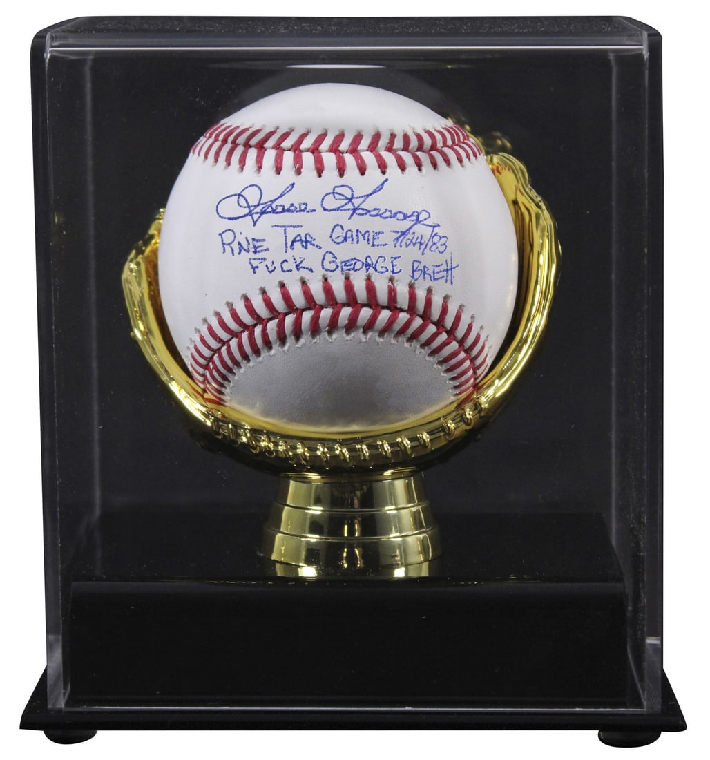 Goose Gossage Autographed Baseball With Inscriptions JSA Witnessed Yankees Case: Goose Gossage Autographed Baseball With Inscriptions JSA Witnessed Yankees Case This is an original baseball autographed by Goose Gossage of the New York Yankees, featuring two inscriptions: "Pine Tar