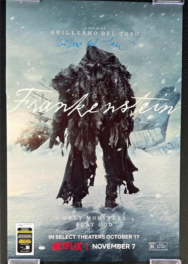 Frankenstein 27x40 Poster Autographed by Guillermo Del Toro JSA Authenticated: Frankenstein 27x40 Poster Autographed by Guillermo Del Toro JSA Authenticated This is an original 27x40 inch poster for the movie Frankenstein, hand-signed by Guillermo Del Toro. The autograph has bee