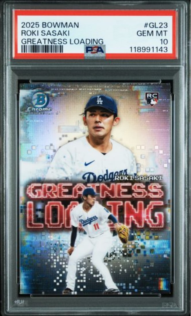 2025 Topps Bowman Roki Sasaki #GL23 Rookie Card PSA 10 Authenticated: 2025 Topps Bowman Roki Sasaki #GL23 Rookie Card PSA 10 Authenticated This is a graded 2025 Topps Bowman Roki Sasaki #GL23 Greatness Loading Rookie Card, graded a perfect PSA 10. This original card fea
