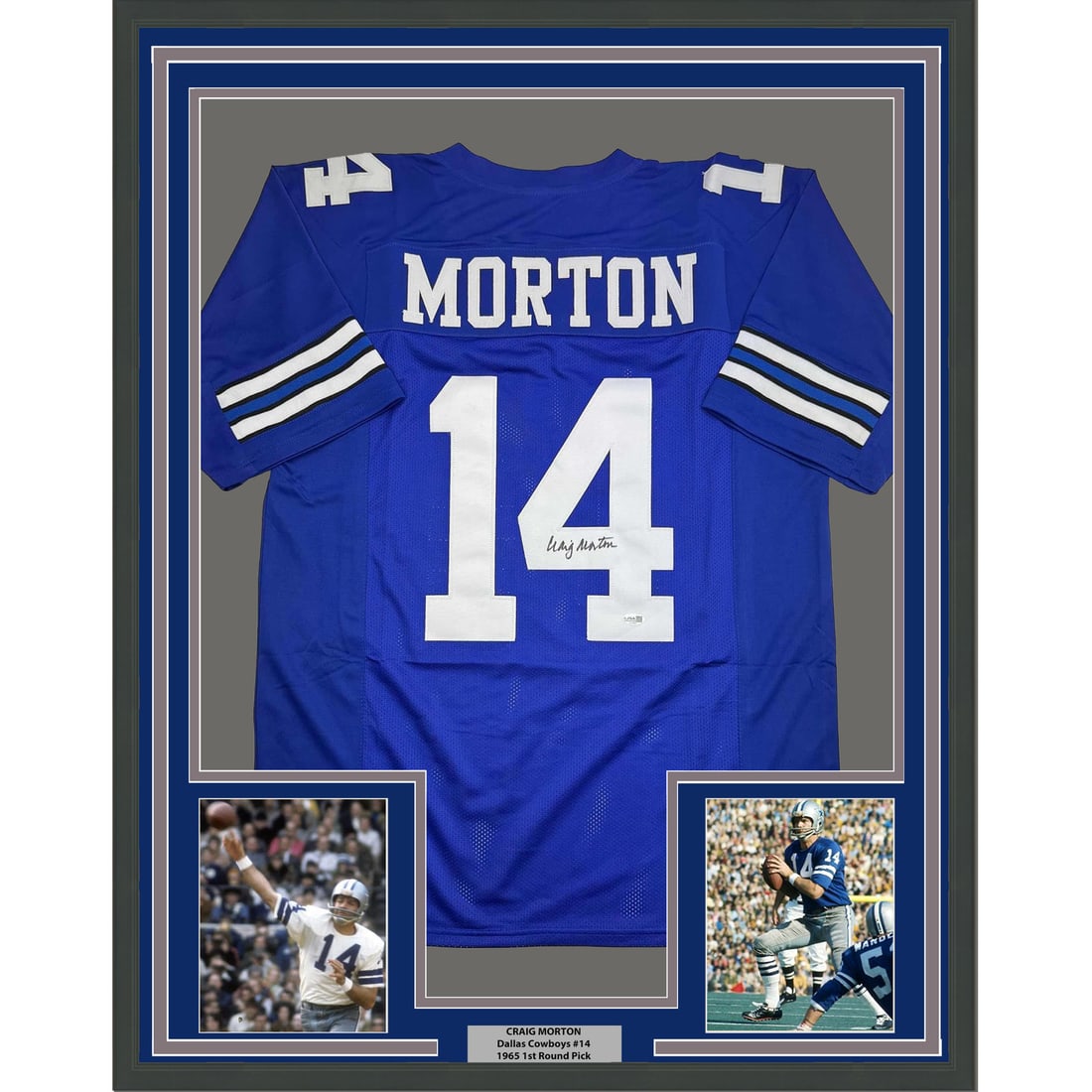 Craig Morton Signed Dallas Cowboys Jersey Framed with Photos JSA COA 35x39: Craig Morton Signed Dallas Cowboys Jersey Framed with Photos JSA COA 35x39 This professionally framed and matted Dallas Cowboys football jersey features the authentic autograph of Craig Morton. The di