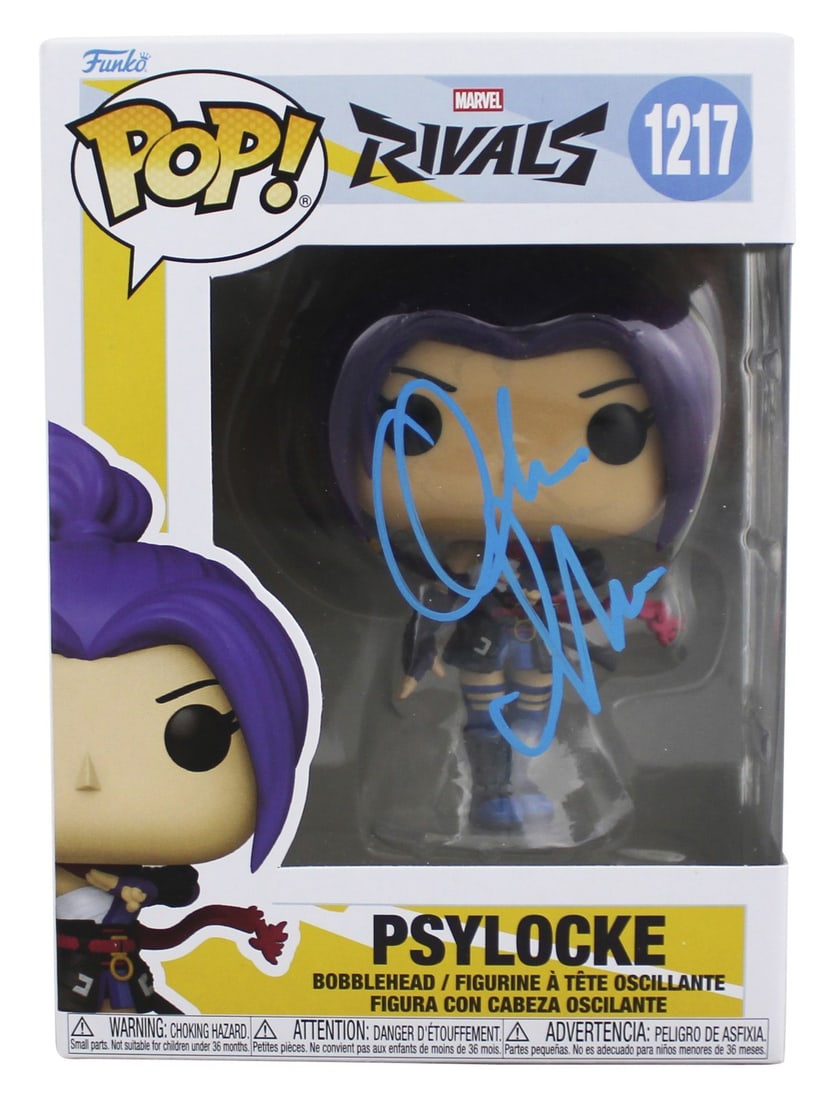 Beckett signed Olivia Munn Psylocke Funko Pop X-Men #1217: Beckett signed Olivia Munn Psylocke Funko Pop X-Men #1217 This is an original Funko Pop Vinyl Figure #1217 featuring Psylocke from X-Men, personally signed by Olivia Munn. The autograph is authenticat