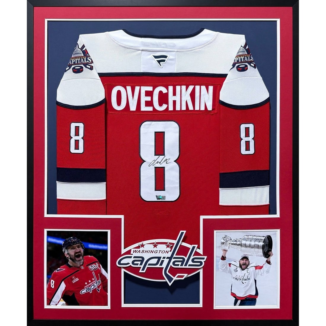 Framed Alex Ovechkin Autographed Capitals Jersey With Fanatics Authentication: Framed Alex Ovechkin Autographed Capitals Jersey With Fanatics Authentication This is a framed white jersey autographed by Alexander Ovechkin of the Washington Capitals. Authenticated by Fanatics, the