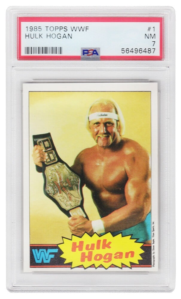 Hulk Hogan 1985 Topps WWF Rookie Card #1 PSA 7 Encapsulated: Hulk Hogan 1985 Topps WWF Rookie Card #1 PSA 7 Encapsulated This listing features a Hulk Hogan 1985 Topps WWF Pro Wrestling Stars rookie card #1, recognized for its striking yellow background. The car