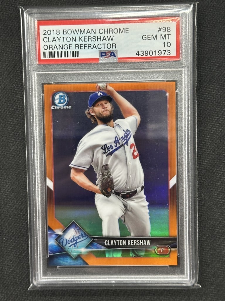 Clayton Kershaw 2018 Bowman Chrome Orange Refractor PSA 10 #98: Clayton Kershaw 2018 Bowman Chrome Orange Refractor PSA 10 #98 This is a 2018 Bowman Chrome Orange Refractor baseball card featuring Clayton Kershaw of the Los Angeles Dodgers. Graded by Professional 