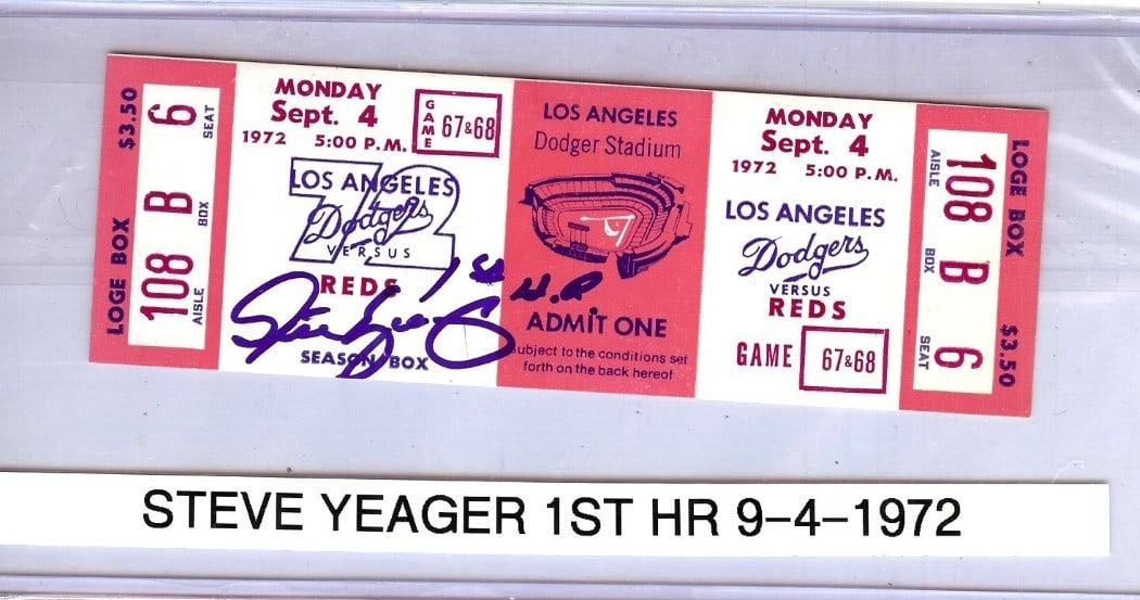 Steve Yeager Autographed Ticket Stub Dodgers 9/4/72 JSA Authenticated: Steve Yeager Autographed Ticket Stub Dodgers 9/4/72 JSA Authenticated This is an original ticket stub autographed by Steve Yeager, commemorating his first home run with the Los Angeles Dodgers on Sept