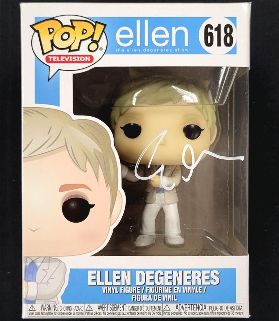 Funko Pop 618 Figure Signed by Ellen DeGeneres with Beckett Authentication: Funko Pop 618 Figure Signed by Ellen DeGeneres with Beckett Authentication This Funko Pop! 618 collectible features the authentic autograph of Ellen DeGeneres. The signature has been verified by Becke