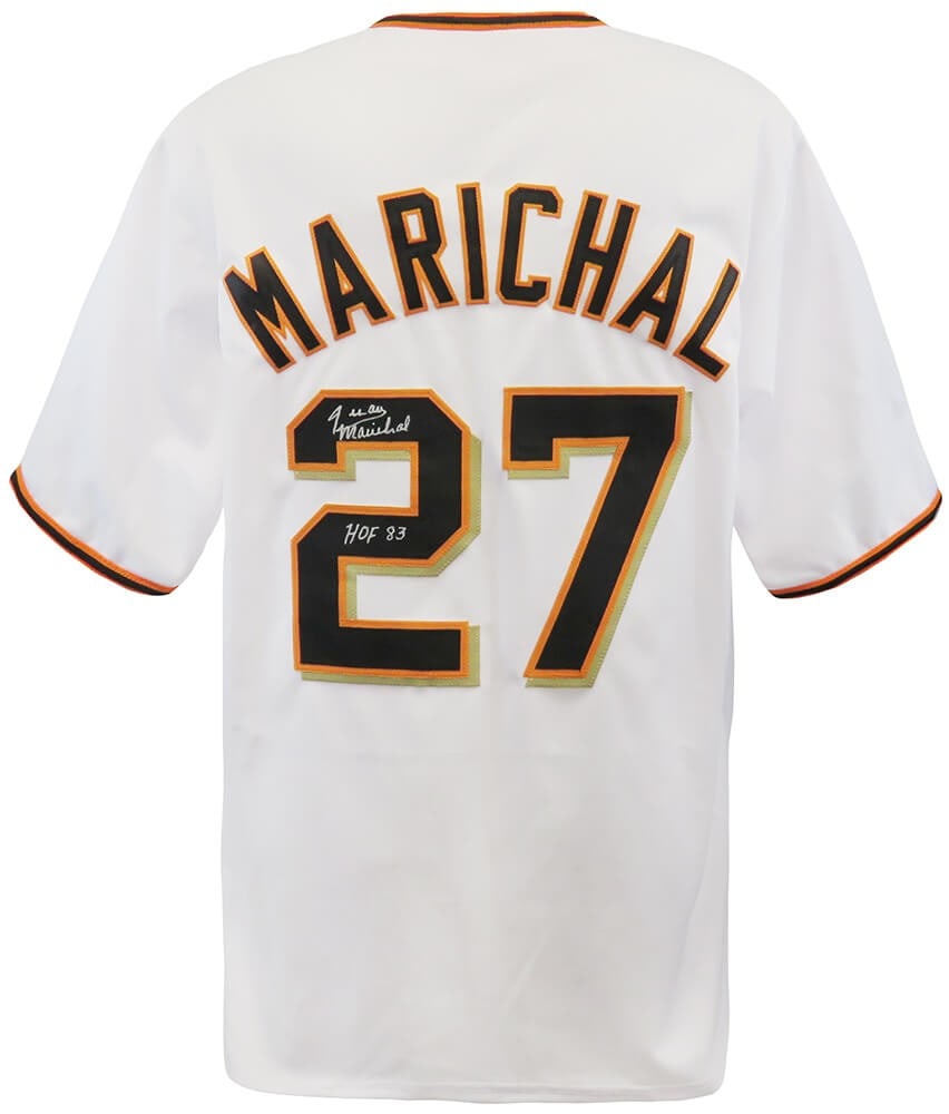 Juan Marichal Signed Giants Throwback Jersey HOF 83 with COA: Juan Marichal Signed Giants Throwback Jersey HOF 83 with COA This is an original signed white throwback custom baseball jersey by Juan Marichal, featuring the inscription 'HOF 83'. The jersey is in si