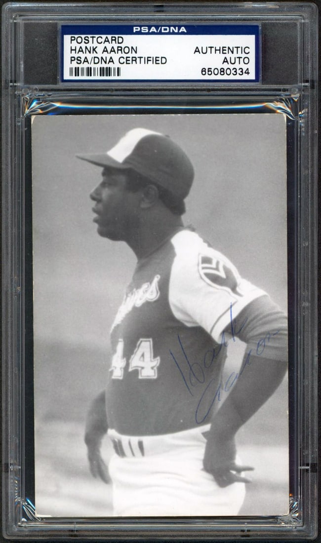 Hank Aaron Signed 3.5x5.5 Postcard Best Wishes PSA/DNA Authentic: Hank Aaron Signed 3.5x5.5 Postcard Best Wishes PSA/DNA Authentic This authentic 3.5x5.5 postcard features the inscription "Best Wishes" and has been personally signed by legendary player Hank Aaron of