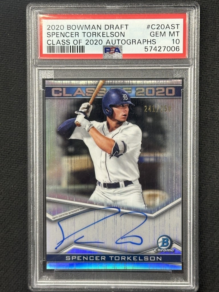 Spencer Torkelson 2020 Bowman Draft Auto PSA 10 Limited #C20AST: Spencer Torkelson 2020 Bowman Draft Auto PSA 10 Limited #C20AST This is a 2020 Bowman Draft Class of 2020 Autographed Baseball Card featuring Spencer Torkelson, a standout player for the Detroit Tiger