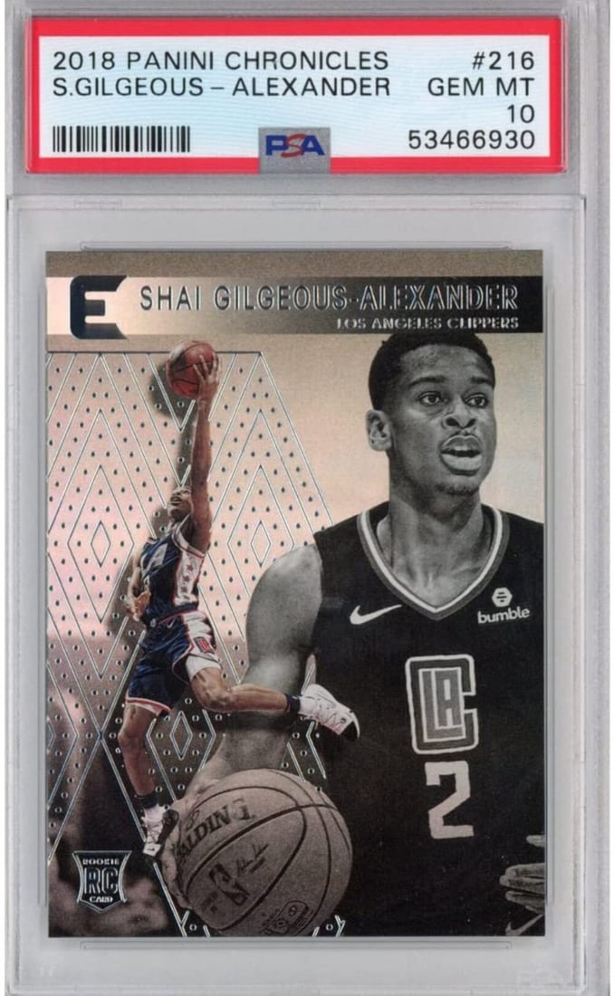 PSA 10 Graded 2018-19 Panini Chronicles Shai Gilgeous-Alexander Rookie Card: PSA 10 Graded 2018-19 Panini Chronicles Shai Gilgeous-Alexander Rookie Card This is a graded 2018-19 Panini Chronicles Shai Gilgeous-Alexander #216 Rookie RC Basketball Card, earning a PSA 10 Gem Mint