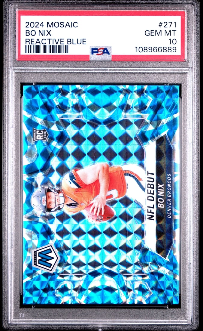 2024 Panini Mosaic Bo Nix #271 Reactive Blue Rookie Card PSA 10: 2024 Panini Mosaic Bo Nix #271 Reactive Blue Rookie Card PSA 10 This is a graded 2024 Panini Mosaic Bo Nix #271 Reactive Blue Rookie Football Card, encapsulated and graded by the Professional Sports A