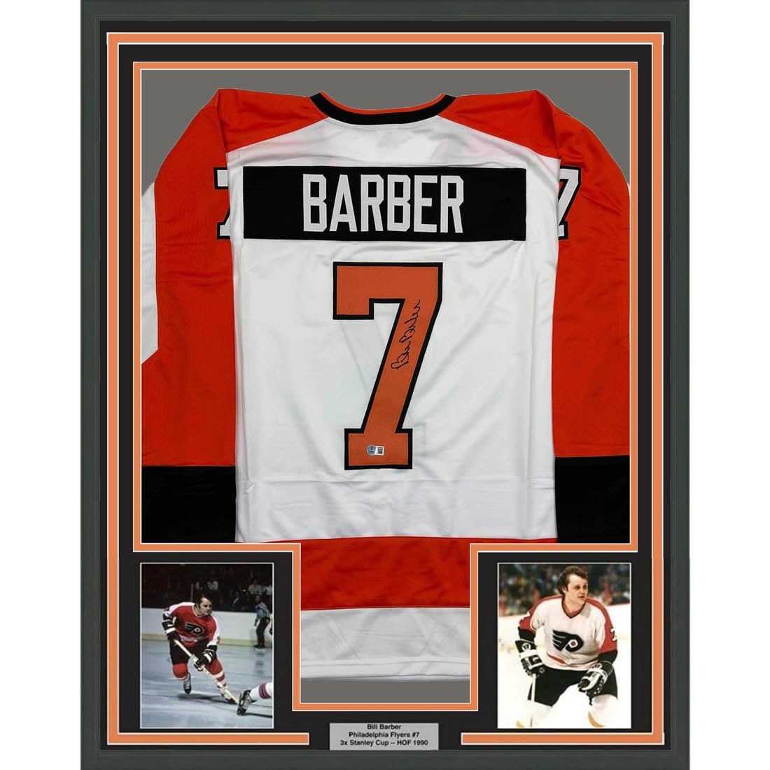 Framed Bill Barber Signed Hockey Jersey 35x39 with BAS COA: Framed Bill Barber Signed Hockey Jersey 35x39 with BAS COA Celebrate the legacy of Bill Barber with this professionally framed and autographed white hockey jersey from the Philadelphia Flyers. This or