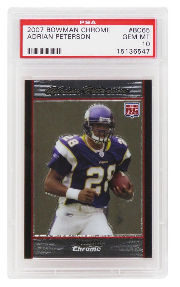Adrian Peterson 2007 Bowman Chrome Football RC #BC65 PSA 10 Gem Mint Card: Adrian Peterson 2007 Bowman Chrome Football RC #BC65 PSA 10 Gem Mint Card Elevate your collection with this Adrian Peterson 2007 Bowman Chrome Football #BC65 rookie card. This card features the legend