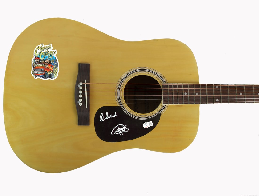 Autographed Up in Smoke Guitar Signed by Cheech Marin and Tommy Chong BAS Authenticated: Autographed Up in Smoke Guitar Signed by Cheech Marin and Tommy Chong BAS Authenticated This pre-owned natural acoustic guitar features a decal and has been personally hand-signed by Cheech Marin and 