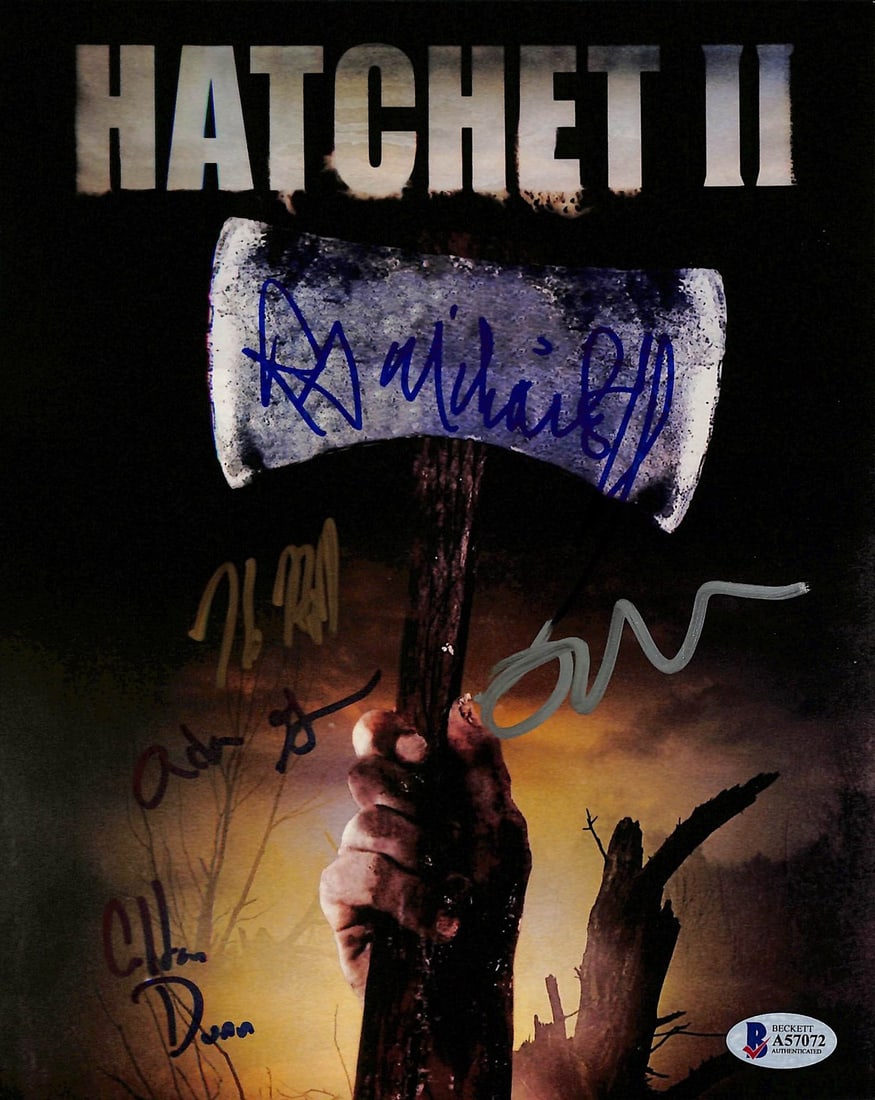 BAS Authenticated Hatchet 2 Cast Signed 8x10 Photo: BAS Authenticated Hatchet 2 Cast Signed 8x10 Photo This 8x10 photograph from Hatchet 2 has been personally signed by Kane Hodder, Adam Green, Colton Dunn, R.A. Mihailoff, and Derrick Mears. The autogr