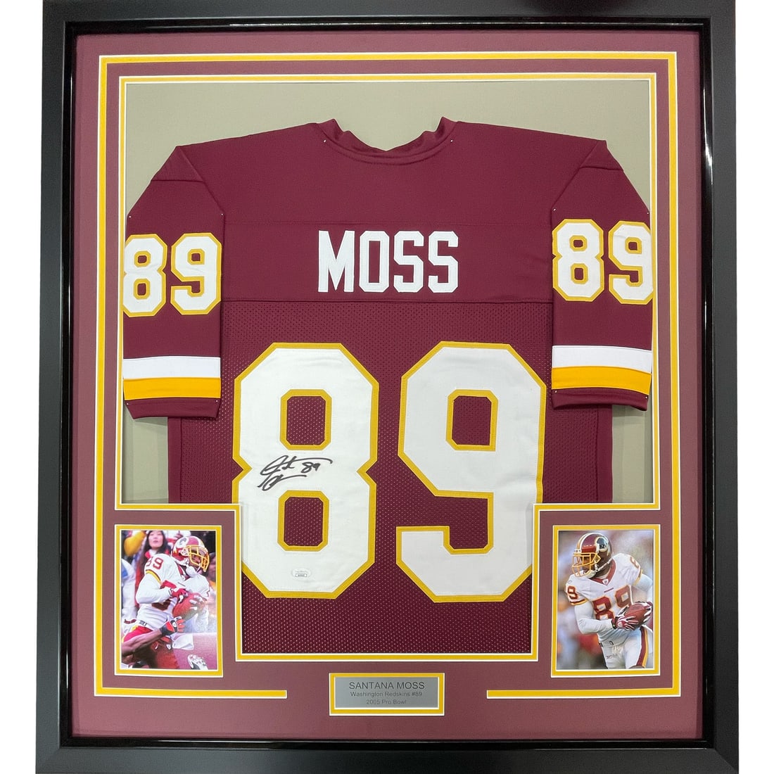 Santana Moss signed framed Washington jersey JSA COA 33x42: Santana Moss signed framed Washington jersey JSA COA 33x42 This framed Washington Commanders burgundy jersey is autographed by Santana Moss and comes with a James Spence Authentication (JSA) certifica