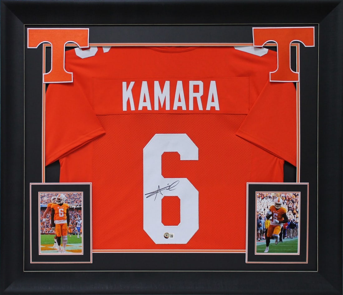 Alvin Kamara Signed Tennessee Volunteers Framed Jersey BAS Witnessed: Alvin Kamara Signed Tennessee Volunteers Framed Jersey BAS Witnessed This is a stunning orange pro style framed jersey, personally signed by Alvin Kamara, the star player of the Tennessee Volunteers f