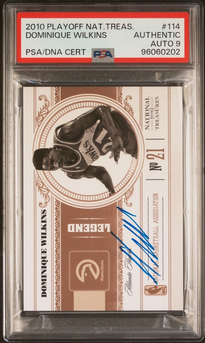 2010 Playoff National Treasures Dominique Wilkins Signed Card PSA/DNA Authenticated: 2010 Playoff National Treasures Dominique Wilkins Signed Card PSA/DNA Authenticated This 2010 Playoff National Treasures Dominique Wilkins #114 card features the signature of the legendary basketball 