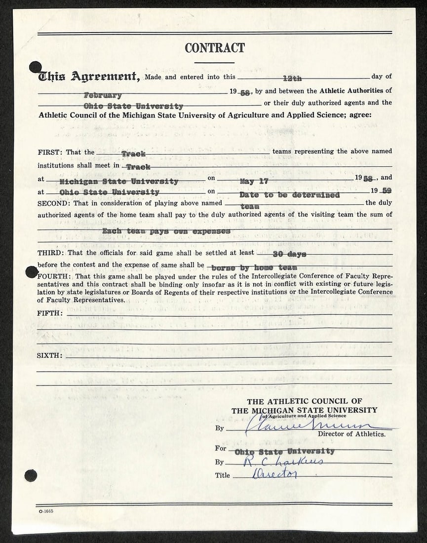 JSA Authenticated Contract Signed by Biggie Munn Michigan State Hall of Fame Coach (1 of 2)