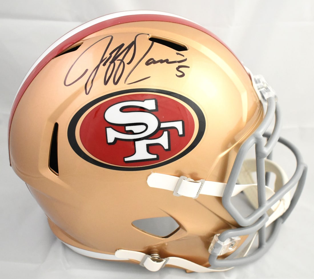 San Francisco 49ers Full Size Speed Helmet Signed by Jeff Garcia Beckett Authenticated: San Francisco 49ers Full Size Speed Helmet Signed by Jeff Garcia Beckett Authenticated This is a pre-owned San Francisco 49ers full-size Speed helmet autographed by Jeff Garcia. The helmet is an origi