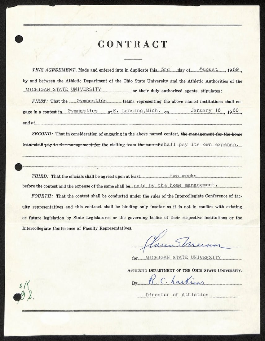 Signed Contract by Biggie Munn Michigan State Coach JSA Authenticated (1 of 2)