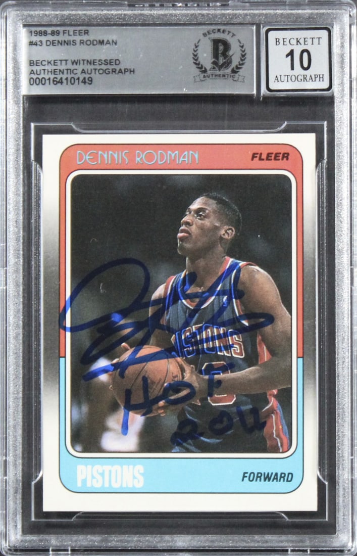 Dennis Rodman Signed 1988 Fleer #43 Card HOF 11 Gem Mint 10 Beckett: Dennis Rodman Signed 1988 Fleer #43 Card HOF 11 Gem Mint 10 Beckett Celebrate the legacy of basketball with this authentic 1988 Fleer #43 card featuring Dennis Rodman, inscribed "HOF 11." This card ha