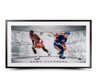 Limited 150 Framed 36x18 Photo Michael Jordan Wayne Gretzky Signed: Limited 150 Framed 36x18 Photo Michael Jordan Wayne Gretzky Signed This 36 x 18 inch framed photo, titled "Game Changers," features autographs from both Michael Jordan and Wayne Gretzky. The piece is 