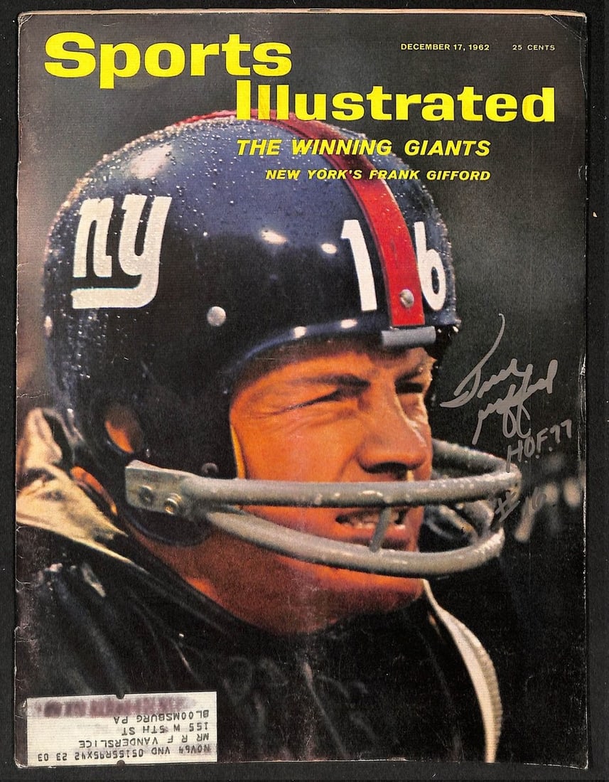 1962 Sports Illustrated Magazine Signed by Frank Gifford with JSA Authentication: 1962 Sports Illustrated Magazine Signed by Frank Gifford with JSA Authentication This is an original 1962 Sports Illustrated magazine, autographed by Frank Gifford with the HOF 77 inscription. The mag