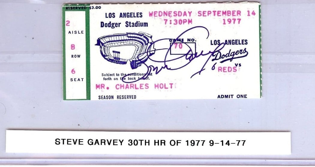 Steve Garvey Autographed Ticket Stub 9/14/77 Dodgers JSA Authentication: Steve Garvey Autographed Ticket Stub 9/14/77 Dodgers JSA Authentication This is an original ticket stub from the game on September 14, 1977, featuring Steve Garvey, who hit his 30th home run of the ye