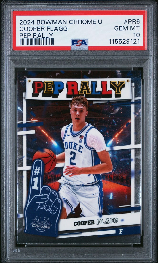 PSA 10 2024 Bowman Chrome U Cooper Flagg Pep Rally Rookie Card #PR6: PSA 10 2024 Bowman Chrome U Cooper Flagg Pep Rally Rookie Card #PR6 This is an original 2024 Topps Bowman Chrome U #PR6 Pep Rally rookie card featuring Cooper Flagg of the Duke Blue Devils. The card h