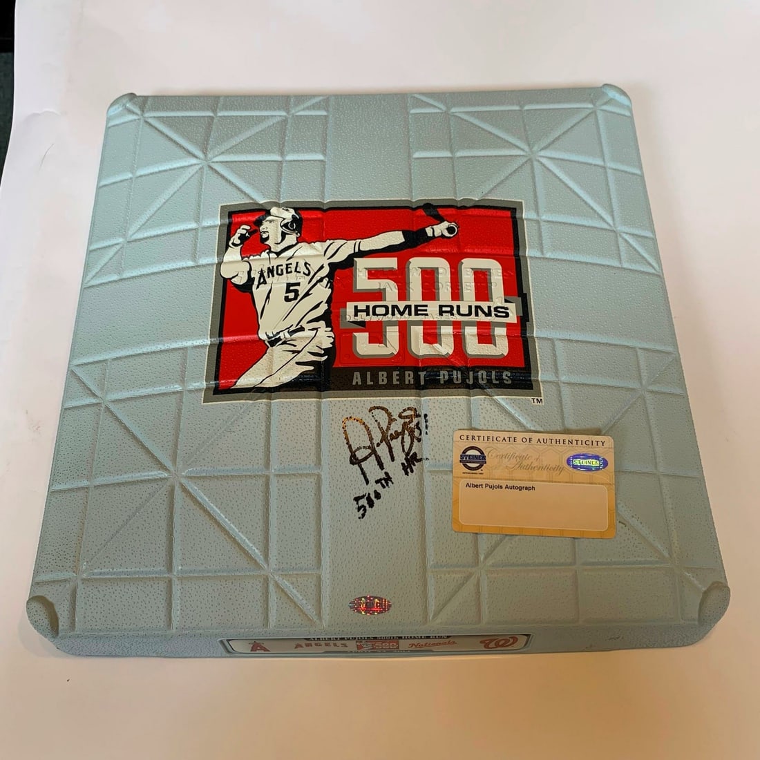 Albert Pujols Signed 500th Home Run Full Size Base JSA Steiner COA: Albert Pujols Signed 500th Home Run Full Size Base JSA Steiner COA Celebrate a historic moment in baseball with this beautiful full-size base signed by Albert Pujols, commemorating his 500th home run.
