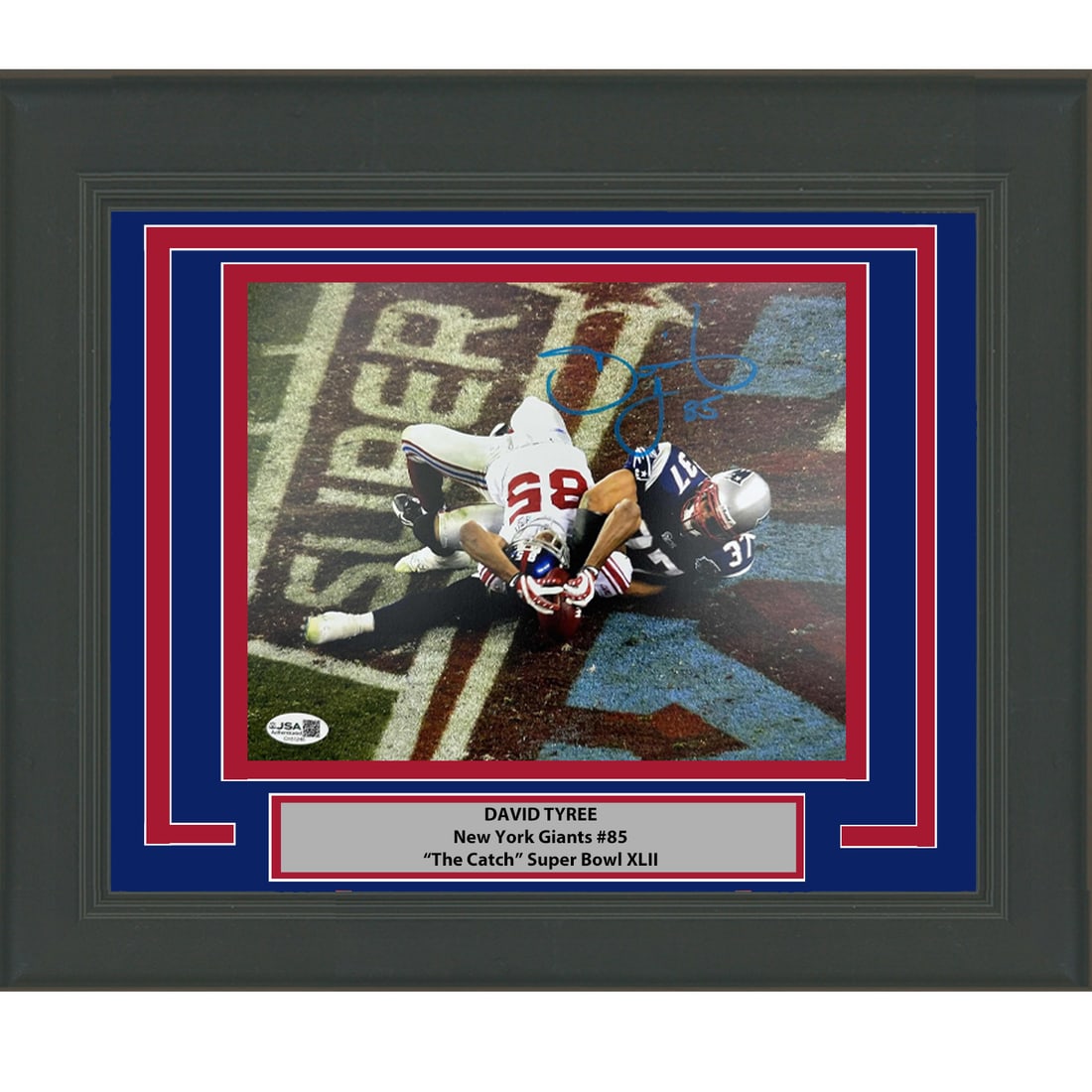 David Tyree Signed 16x20 Super Bowl XLII Catch Photo Framed with JSA Authentication: David Tyree Signed 16x20 Super Bowl XLII Catch Photo Framed with JSA Authentication This professionally framed and matted 16x20 photo captures David Tyree's iconic catch in Super Bowl XLII. The photo 