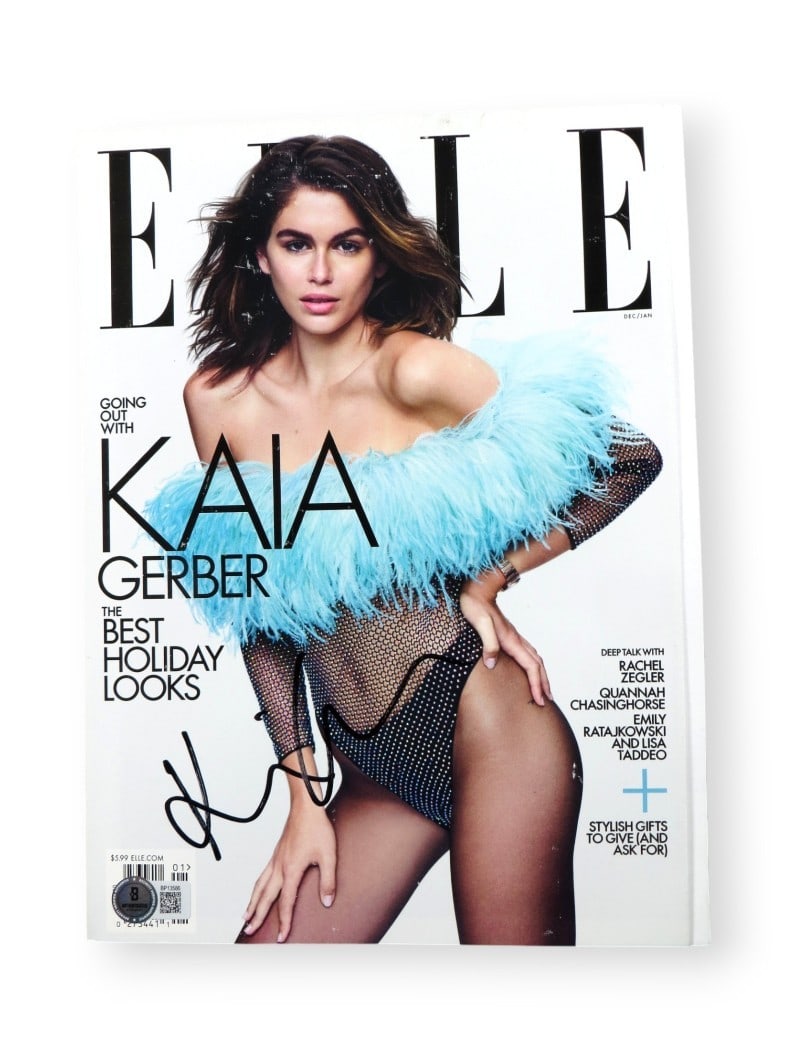 Kaia Gerber Signed Elle Magazine with Beckett Authentication: Kaia Gerber Signed Elle Magazine with Beckett Authentication This is an original autographed magazine featuring Kaia Gerber, renowned supermodel and fashion icon. The magazine has been authenticated b