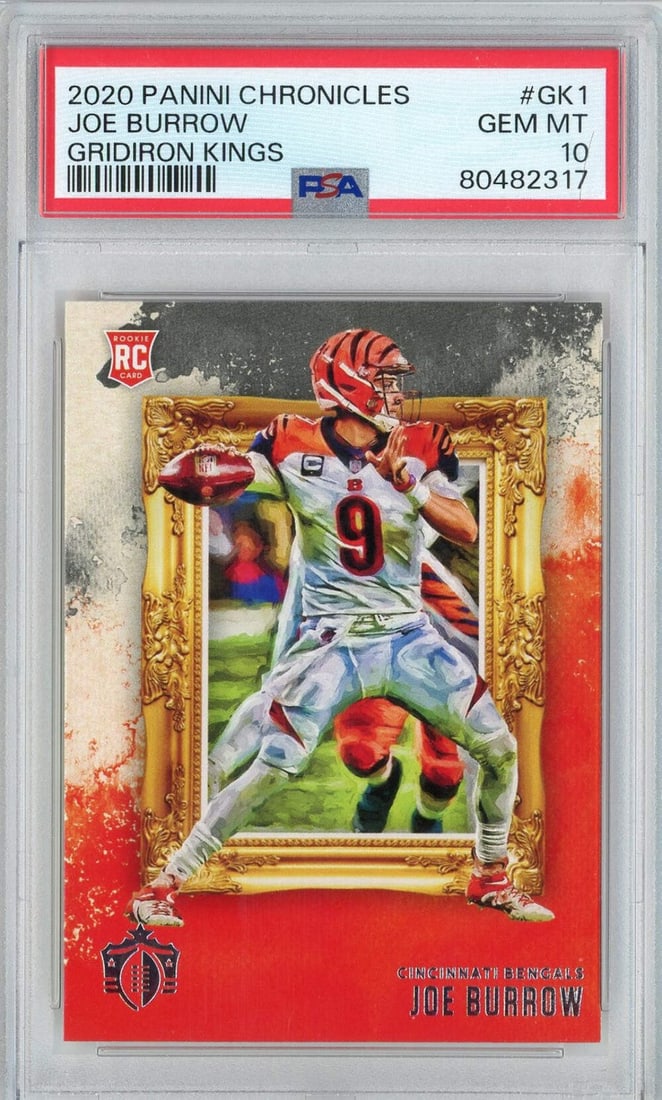 2020 Panini Chronicles Joe Burrow Gridiron Kings PSA 10 Rookie Card: 2020 Panini Chronicles Joe Burrow Gridiron Kings PSA 10 Rookie Card This is a 2020 Panini Chronicles Joe Burrow #GK1 Gridiron Kings Rookie Card, graded PSA 10. The card features Joe Burrow, a standout