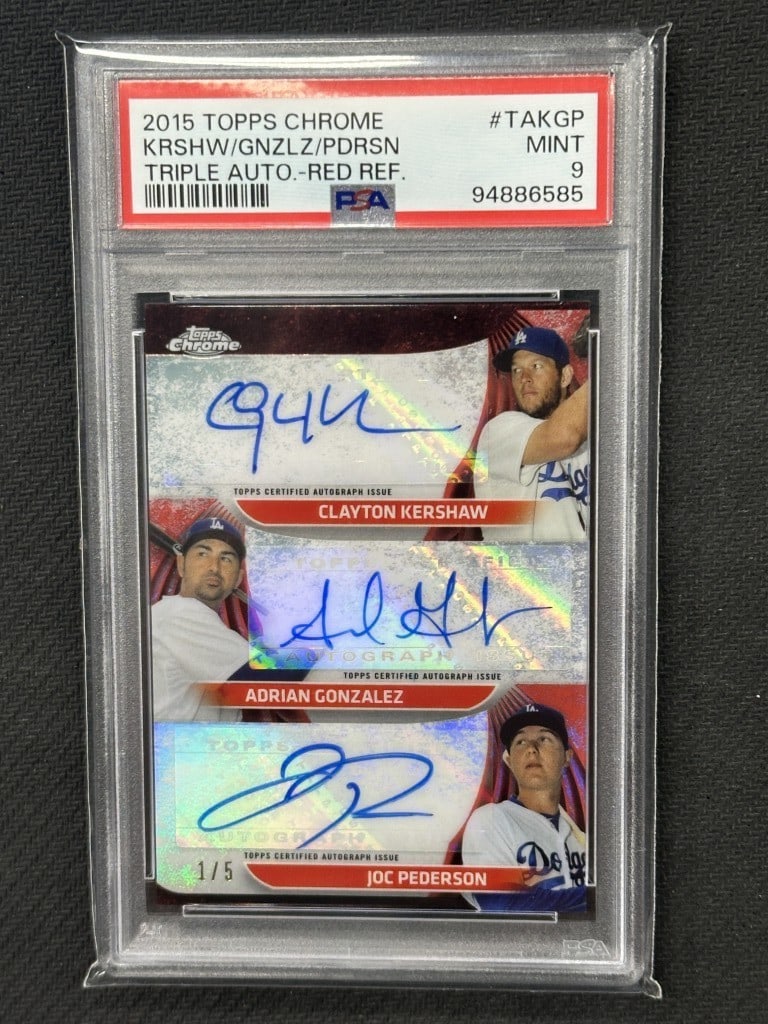 2015 Topps Chrome Red Triple Auto Kershaw Gonzalez Peterson PSA 9: 2015 Topps Chrome Red Triple Auto Kershaw Gonzalez Peterson PSA 9 This is a highly sought-after 2015 Topps Chrome Red Triple Autographed Baseball Card featuring Clayton Kershaw, Adrian Gonzalez, and J