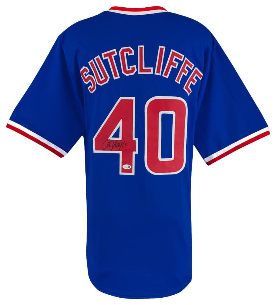 Rick Sutcliffe Autographed Blue Throwback Baseball Jersey JSA Authenticated: Rick Sutcliffe Autographed Blue Throwback Baseball Jersey JSA Authenticated This is a blue throwback custom baseball jersey signed by Rick Sutcliffe, former player for the Chicago Cubs. The jersey fea