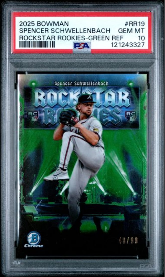2025 Bowman Spencer Schwellenbach #RR19 Green REF /99 RC Card PSA 10: 2025 Bowman Spencer Schwellenbach #RR19 Green REF /99 RC Card PSA 10 This is a graded 2025 Bowman Spencer Schwellenbach #RR19 Green REF /99 rookie card, encapsulated and authenticated by Professional 