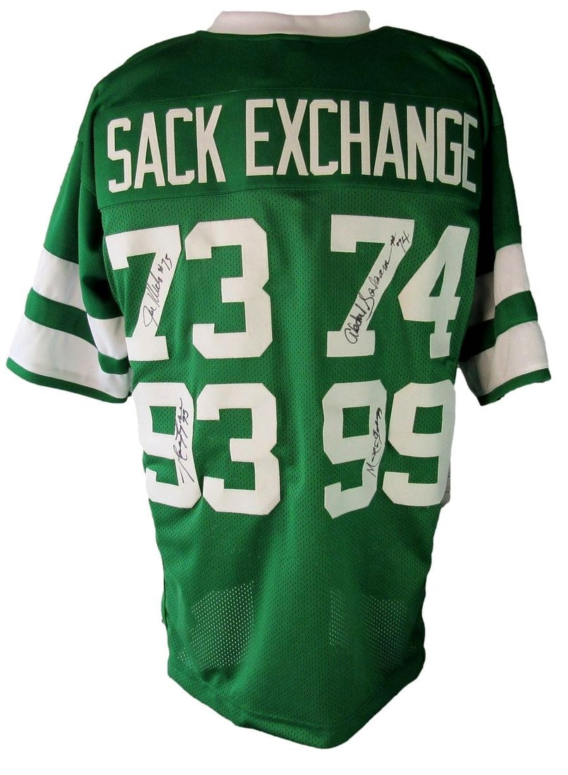 Custom Football Jersey Signed by Four New York Sack Exchange PSA DNA Authenticated: Custom Football Jersey Signed by Four New York Sack Exchange PSA DNA Authenticated This is a custom football jersey signed by all four members of the legendary New York Sack Exchange, the iconic 1980s