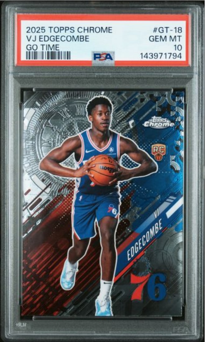 PSA 10 Gem Mint 2025 Go Time Rookie Card VJ Edgecombe #GT18: PSA 10 Gem Mint 2025 Go Time Rookie Card VJ Edgecombe #GT18 This 2025 Topps Chrome #GT18 Go Time rookie card features VJ Edgecombe of the Philadelphia 76ers. The card is professionally graded and enca
