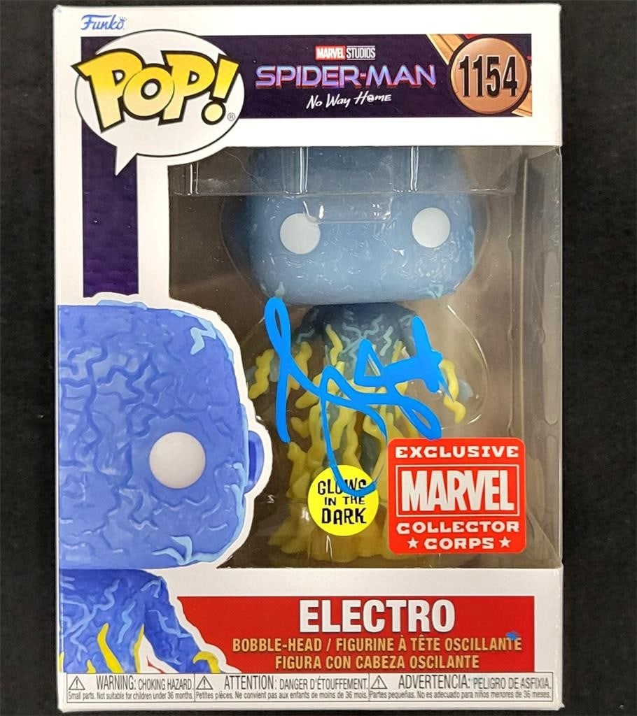Jamie Foxx Signed Electro Funko Pop 1154 Beckett Authenticated No Way Home: Jamie Foxx Signed Electro Funko Pop 1154 Beckett Authenticated No Way Home This is a signed Electro Funko Pop! #1154, featuring the autograph of Jamie Foxx from the movie Spider-Man: No Way Home. The 