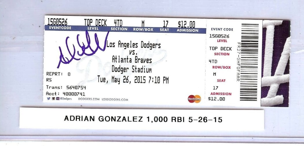 Adrian Gonzalez Signed Ticket Stub Dodgers 1000th RBI JSA Authenticated: Adrian Gonzalez Signed Ticket Stub Dodgers 1000th RBI JSA Authenticated Celebrate a significant moment in baseball history with this authentic ticket stub from Adrian Gonzalez's 1000th RBI game on May