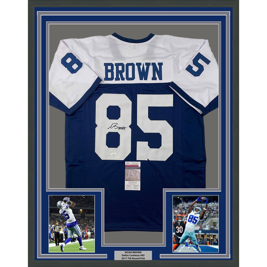 Framed Autographed Noah Brown Dallas Cowboys Jersey with JSA COA: Framed Autographed Noah Brown Dallas Cowboys Jersey with JSA COA Celebrate your love for the Dallas Cowboys with this professionally framed and matted Noah Brown jersey. This original 33x42 jersey fea