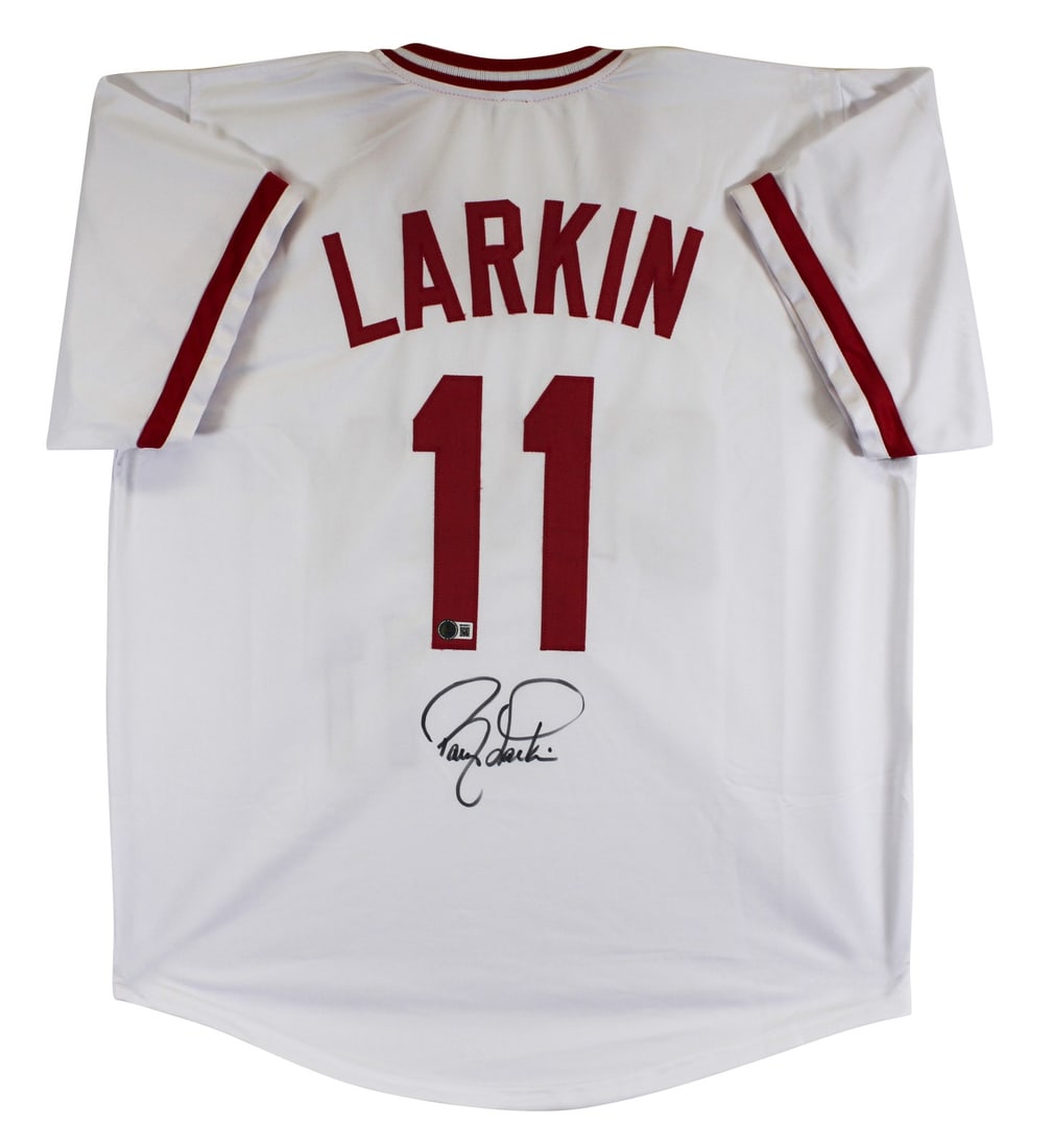 Barry Larkin Signed Cincinnati Reds White Pro Style Jersey BAS Authenticated: Barry Larkin Signed Cincinnati Reds White Pro Style Jersey BAS Authenticated This authentic white pro style jersey has been personally signed by Barry Larkin, a celebrated player of the Cincinnati Red